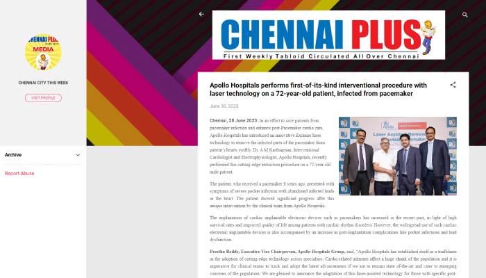 An article in Chennai Plus about Apollo Hospitals performing interventional procedures with laser technology.