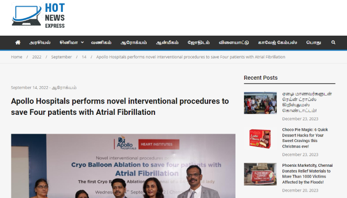 News article in Hot News about on Apollo Hospitals performs novel interventional procedures to save Four patients with Atrial Fibrillation.