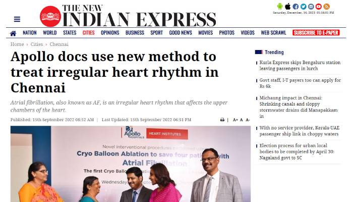 Image of an article in The New Indian Express on new method to treat irregular heart rhythm in Chennai.